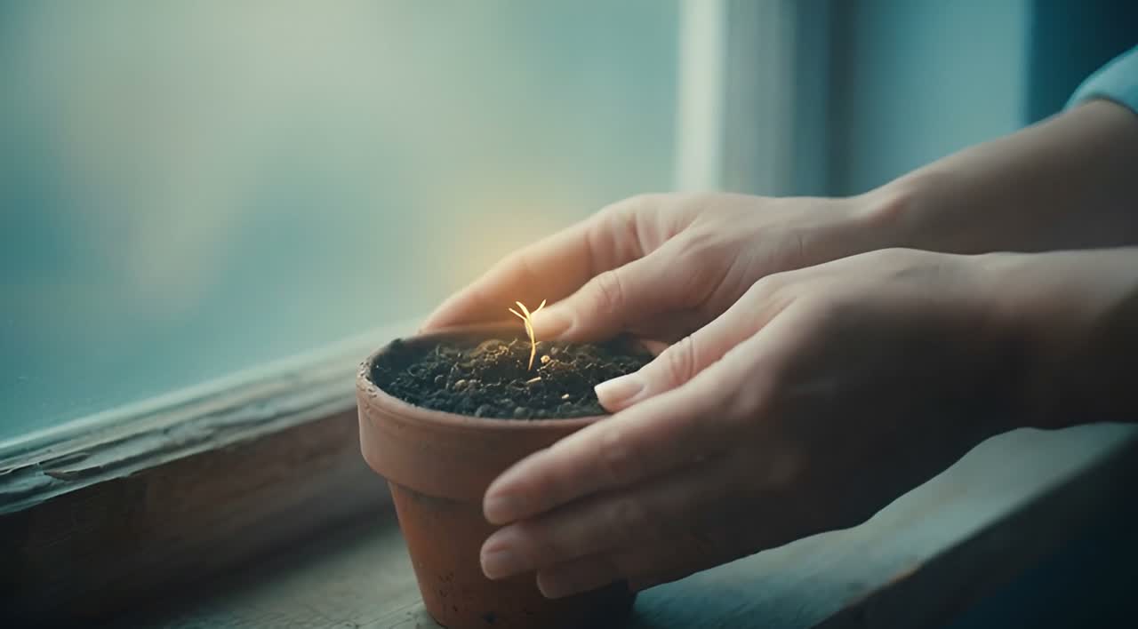 Two hands cupping a small clay pot with a tiny glowing seedling on a windowsill.