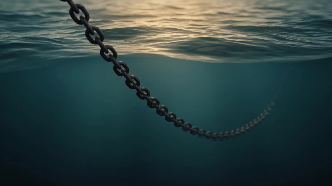 A heavy anchor and chain resting in still water, a symbol of stability.