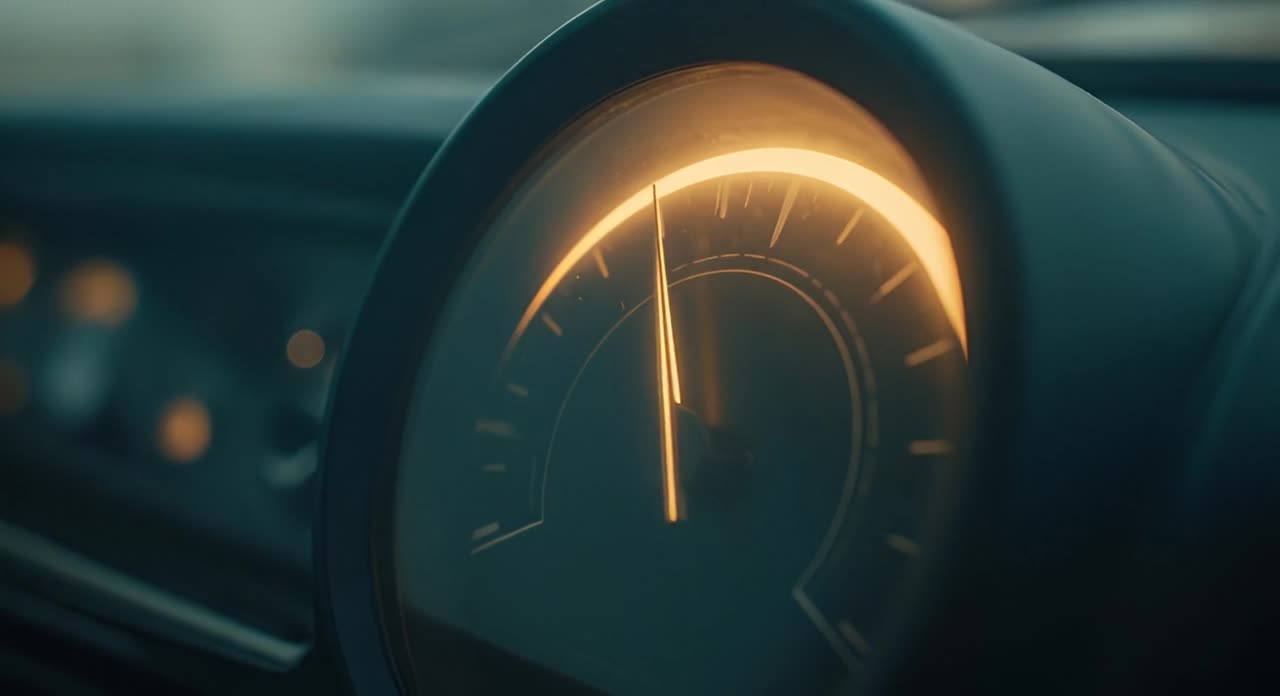 A car speedometer with the needle climbing.