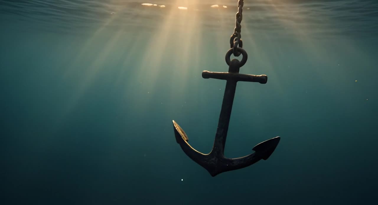 An anchor settling into calm water.