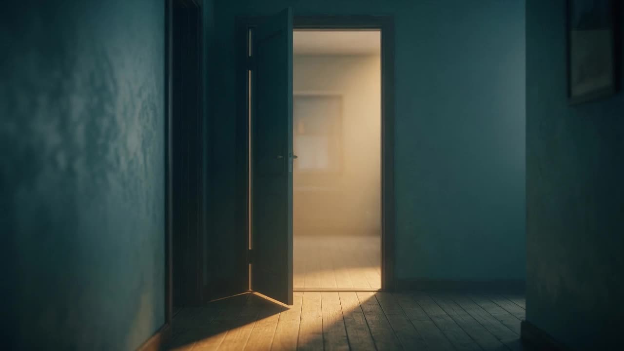 A person pausing in a doorway to take a slow breath.