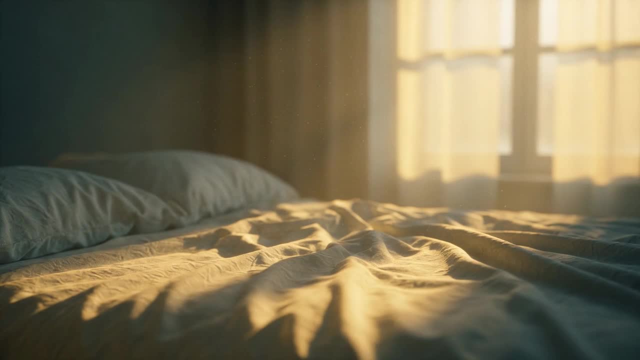 Morning light filtering through sheer curtains onto an unmade bed.
