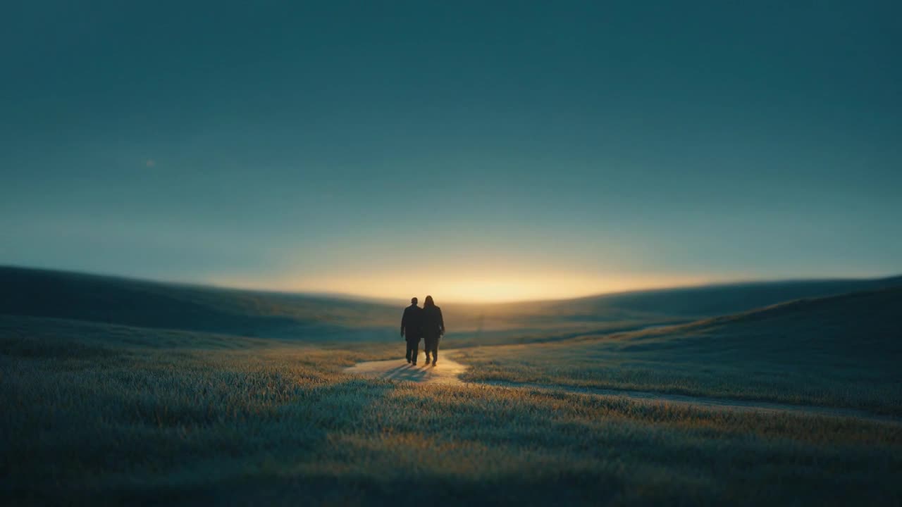 A couple walking together toward a warm sunrise on an open path.