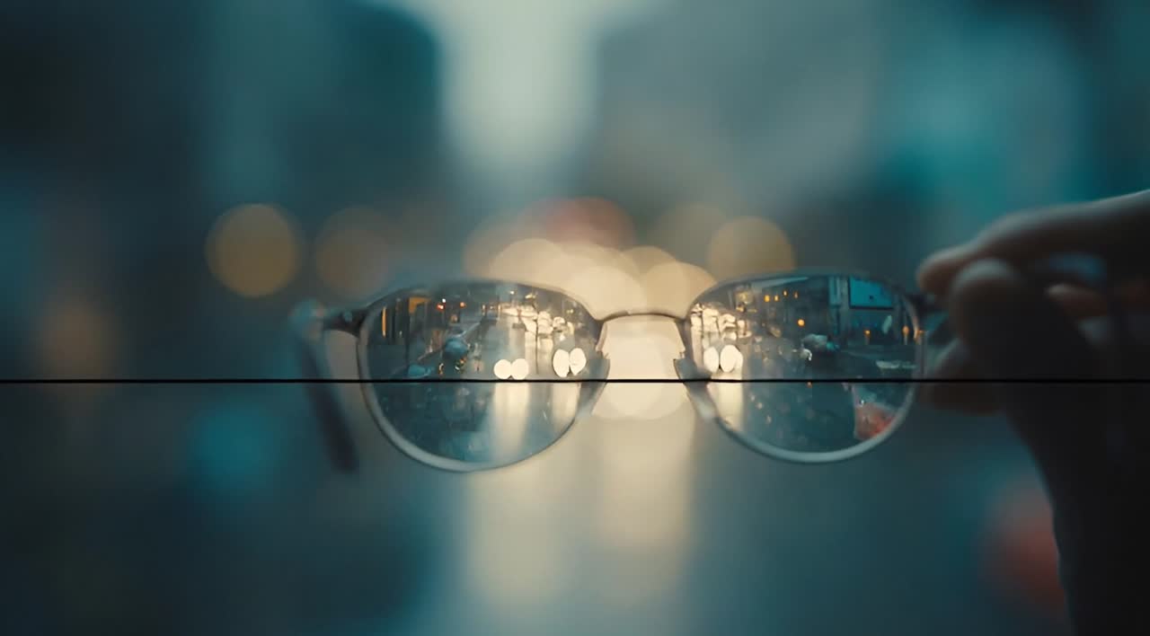 Eyeglasses held up against a blurry street, bringing the lights into sharp focus.