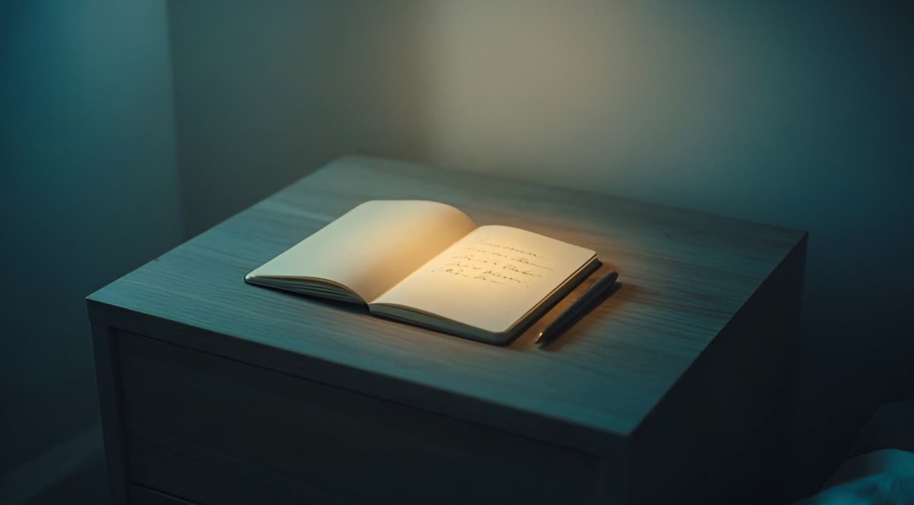 A small notebook open on a nightstand in a dim room, a few lines written by warm lamplight.