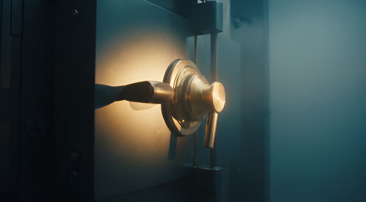 A polished safe dial catching warm light — privacy kept secure, like a vault.