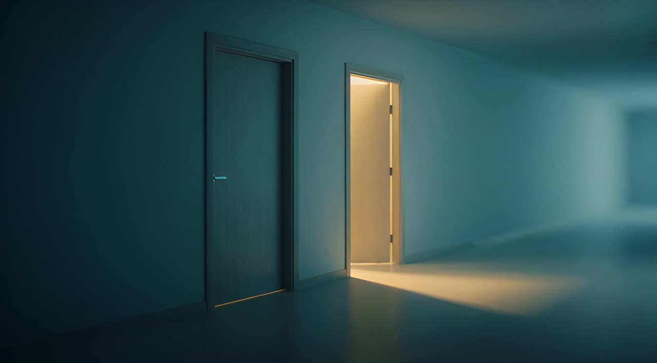 Two doors in a calm room — one closed, one open with warm light spilling out.