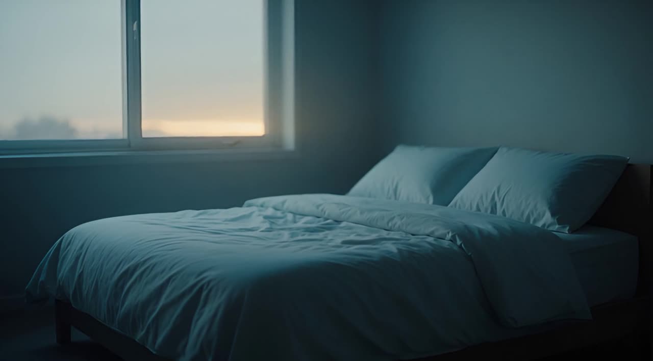 A quiet, dim bedroom at dawn, soft light falling across an unmade bed.
