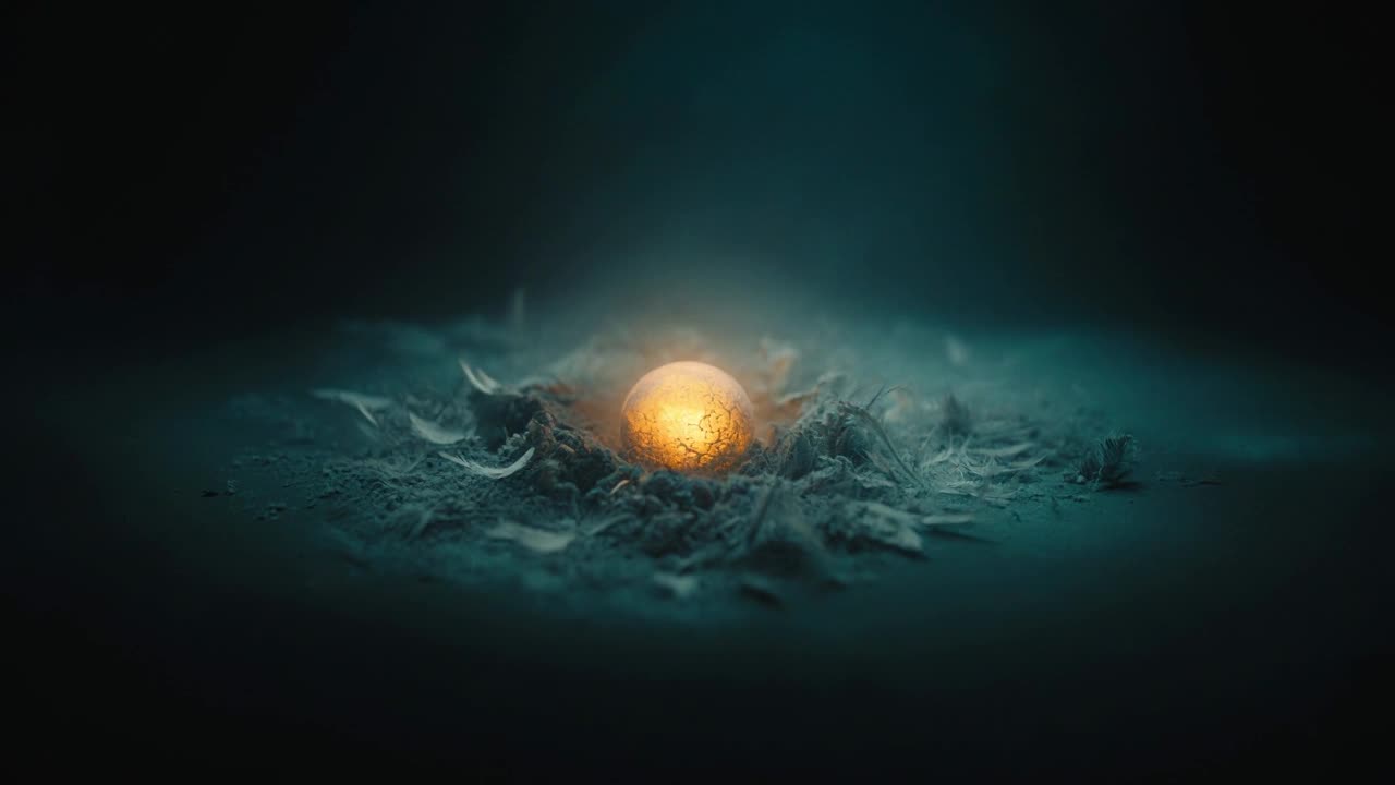 A spark settling into a calm, steady ember in soft darkness.