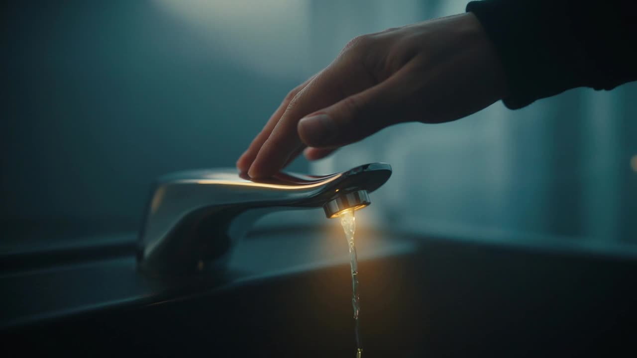A hand turning on a faucet, water beginning to flow — the small first step.
