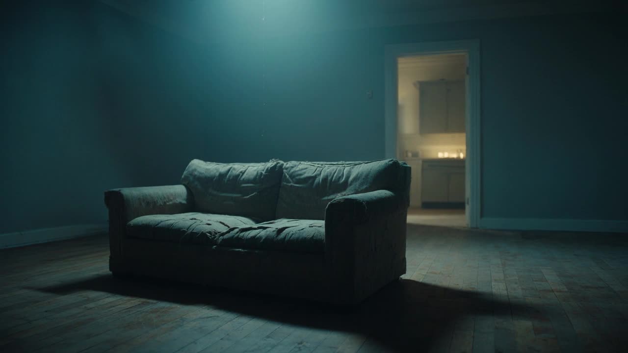 A still, low-lit living room with an empty couch in soft shadow.