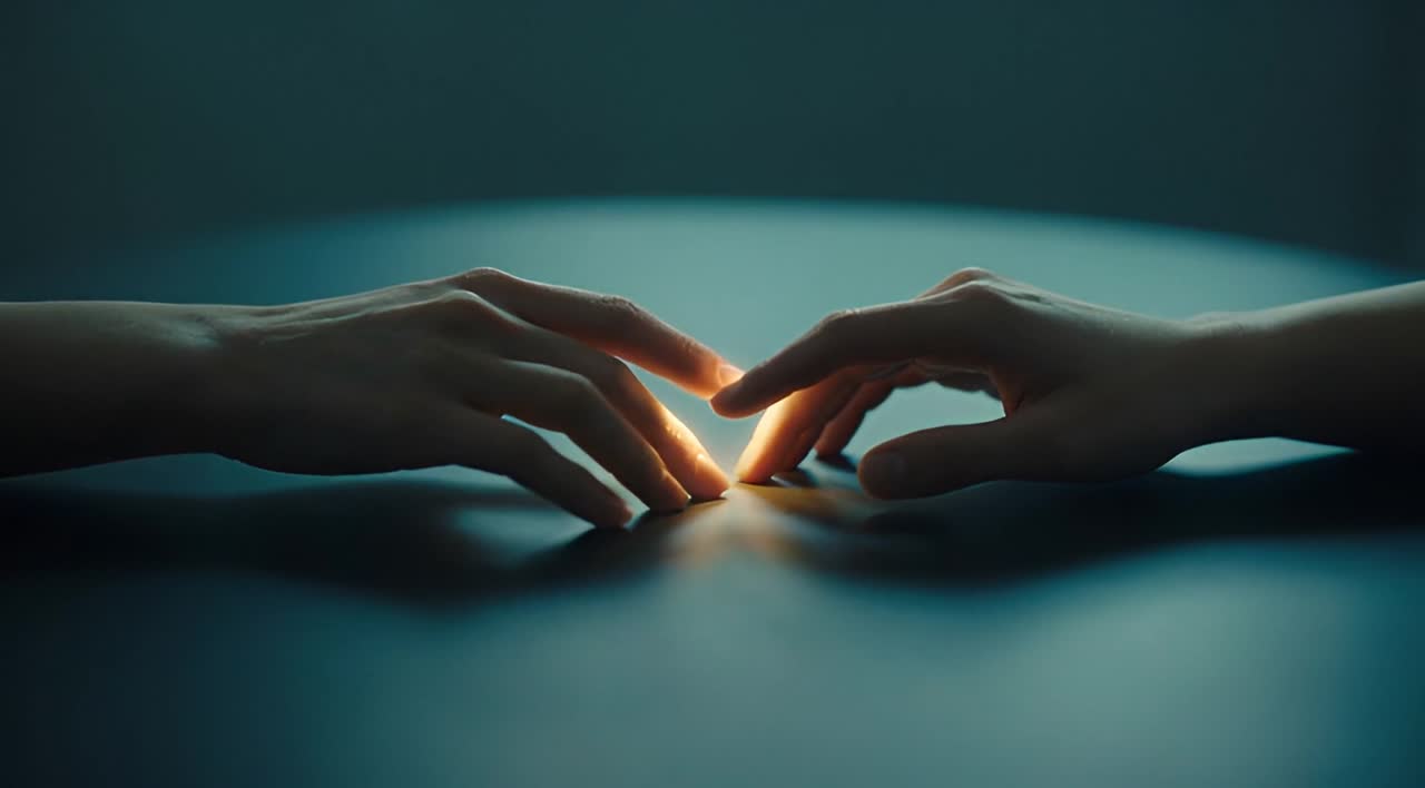 Two hands reaching toward each other in warm, soft light.