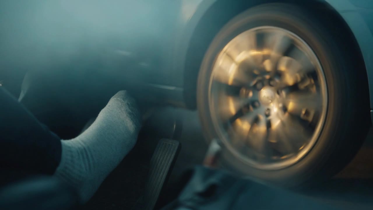A foot easing onto a brake pedal as the wheel slows.
