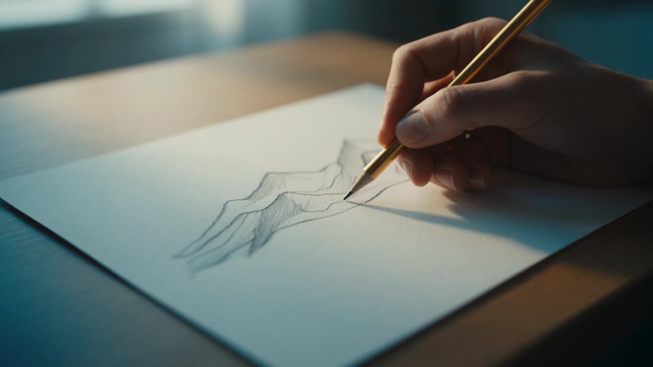A hand sketching a year of highs and lows as a single wave on one page.