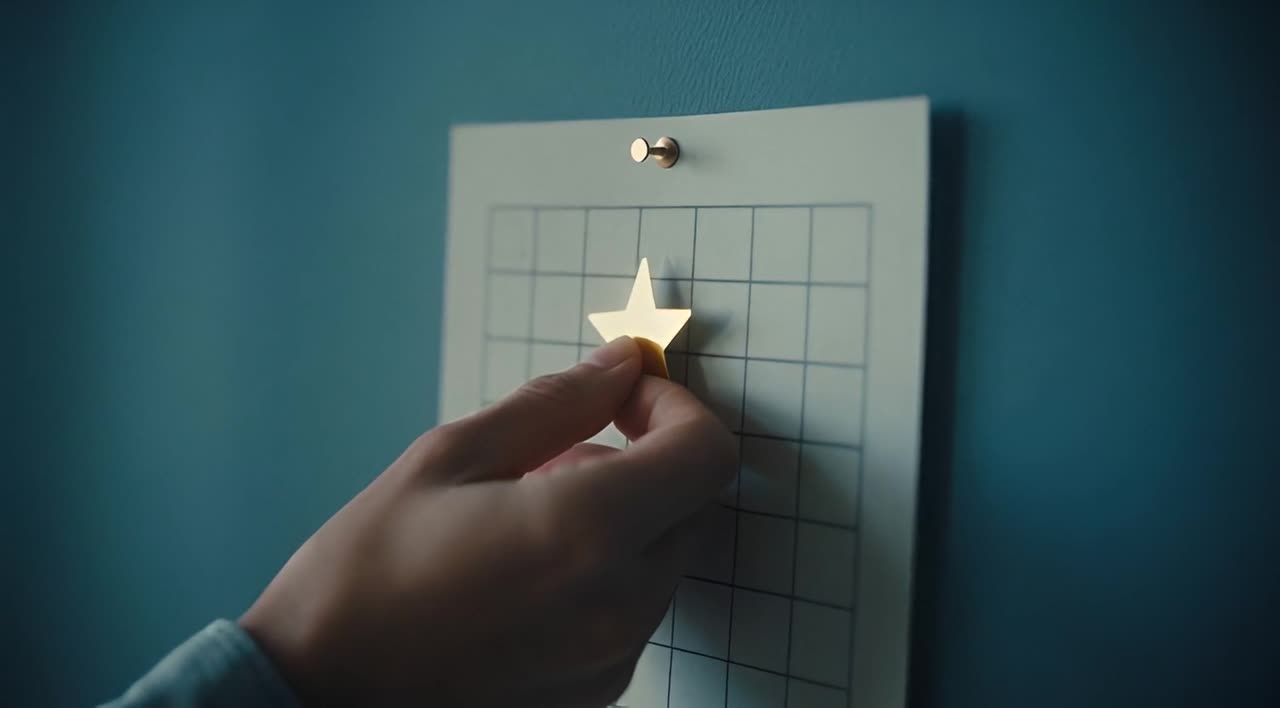 Una mano pegando una estrella dorada en una cuadrícula de treinta días clavada en la pared.