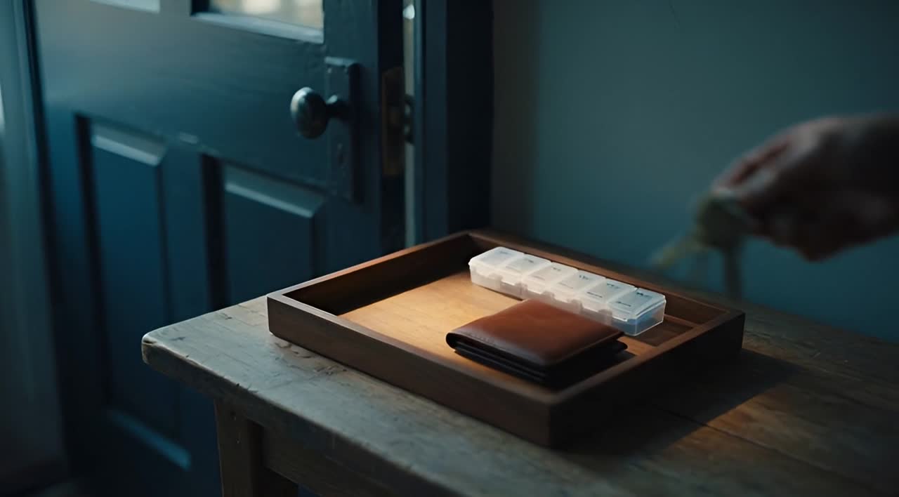 Una bandeja de madera junto a la puerta con las llaves, la cartera y un pastillero.