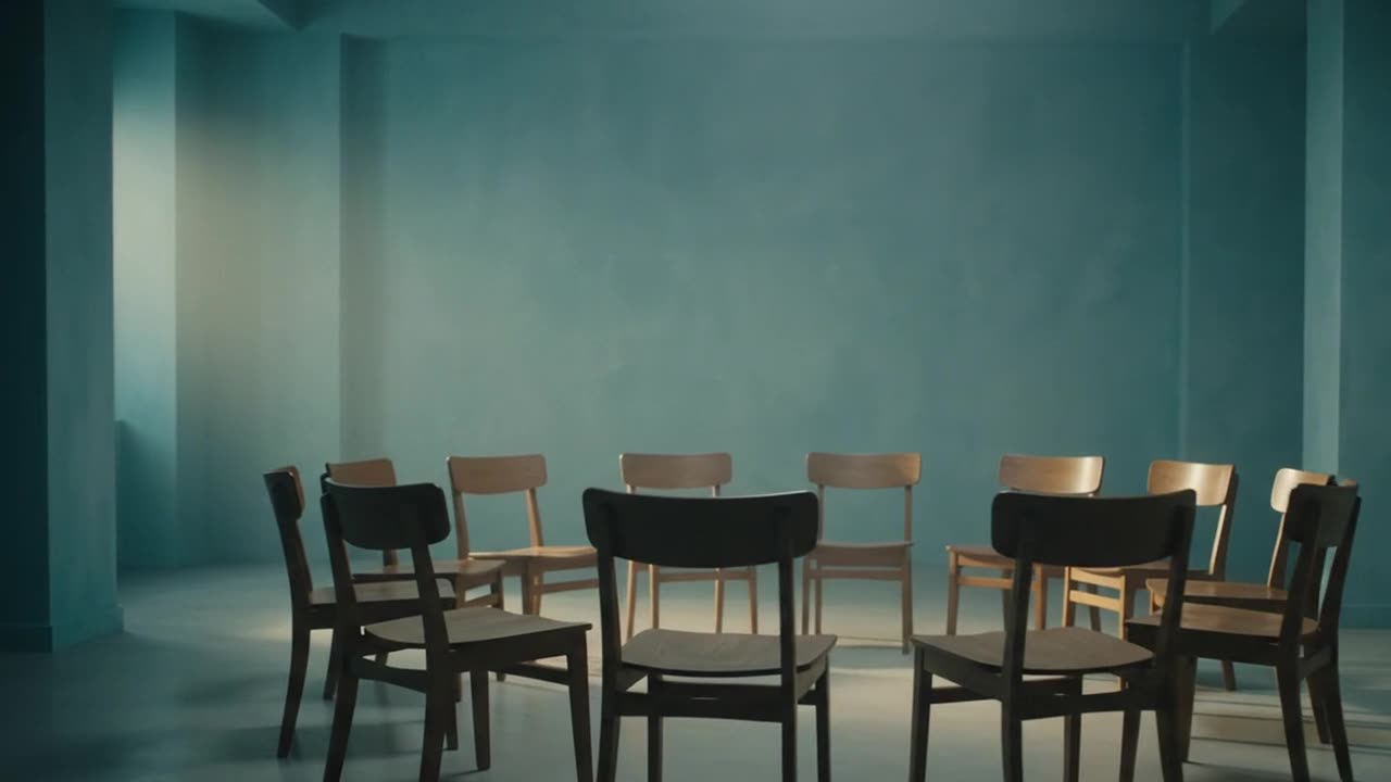Un cercle de chaises en bois vides dans une pièce silencieuse aux murs bleu-vert.