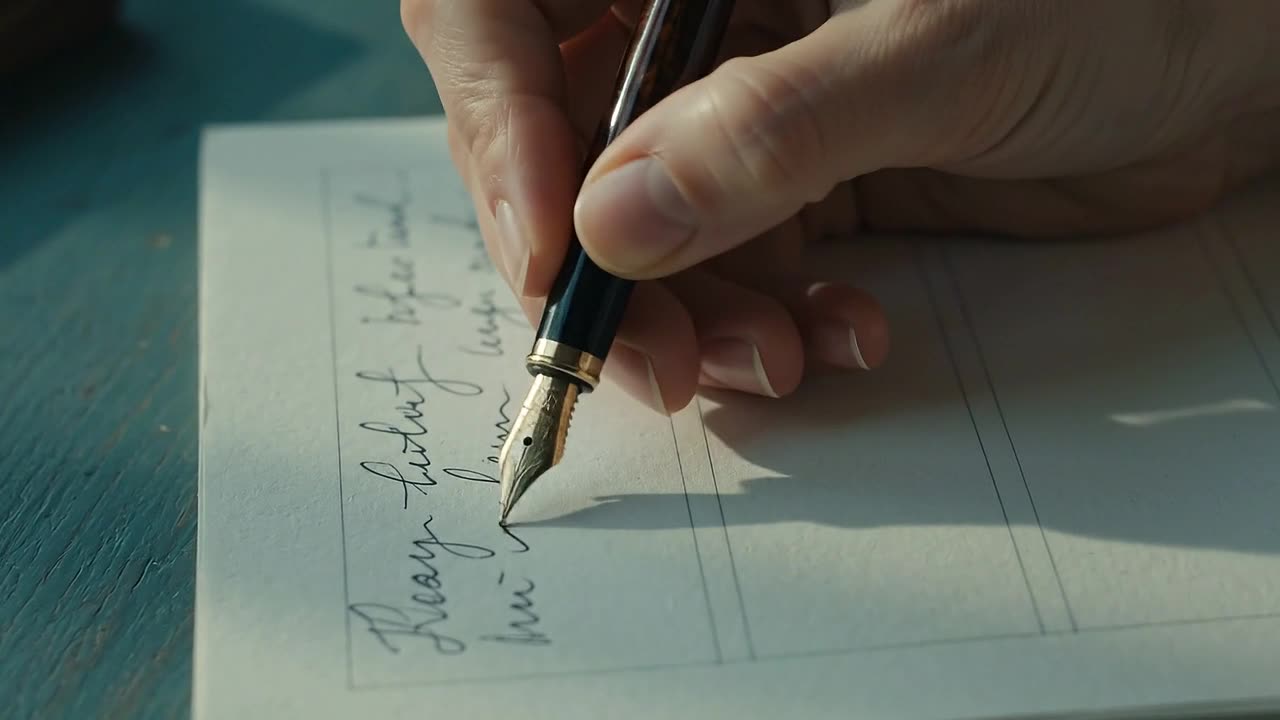 Une main qui écrit à l'encre sur une feuille divisée en trois colonnes.