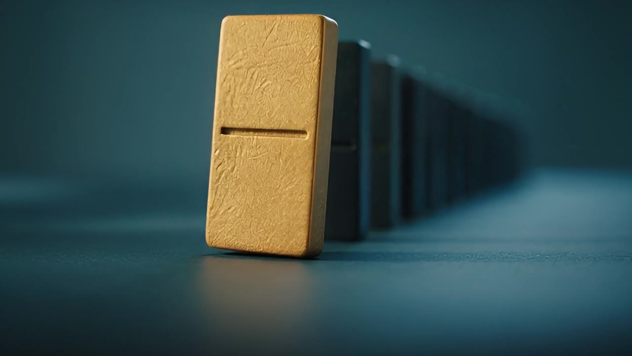 भोर में dominoes की एक क़तार, पहला गिरता हुआ।