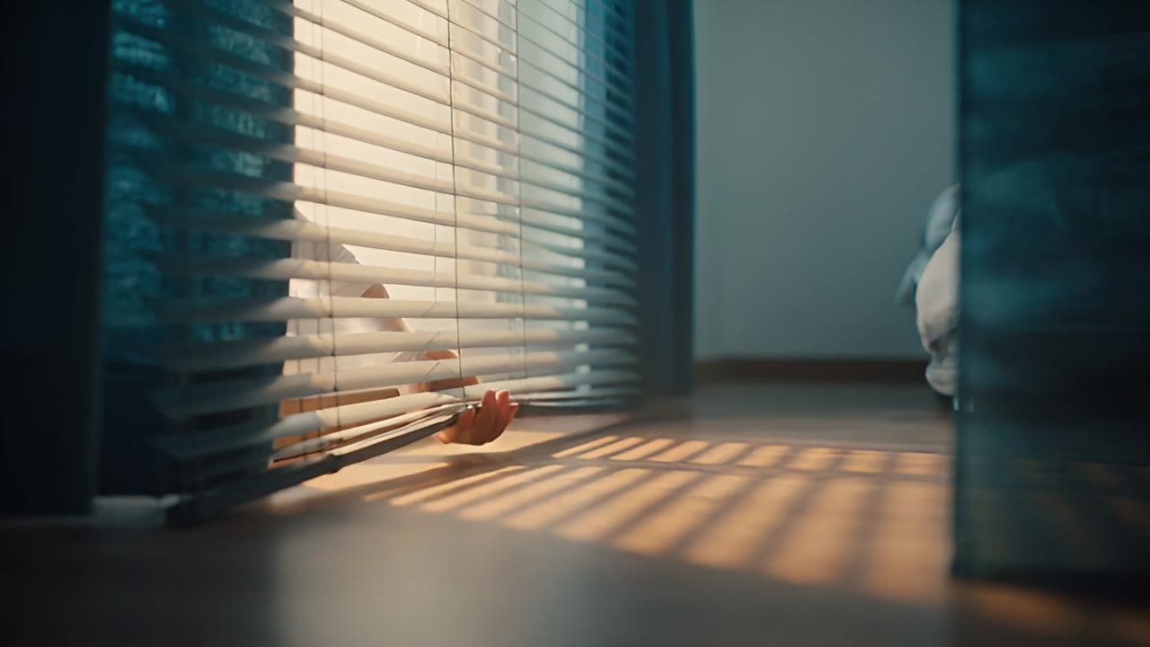 Bedroom के फ़र्श पर blinds से छनकर आती सुबह की रोशनी।