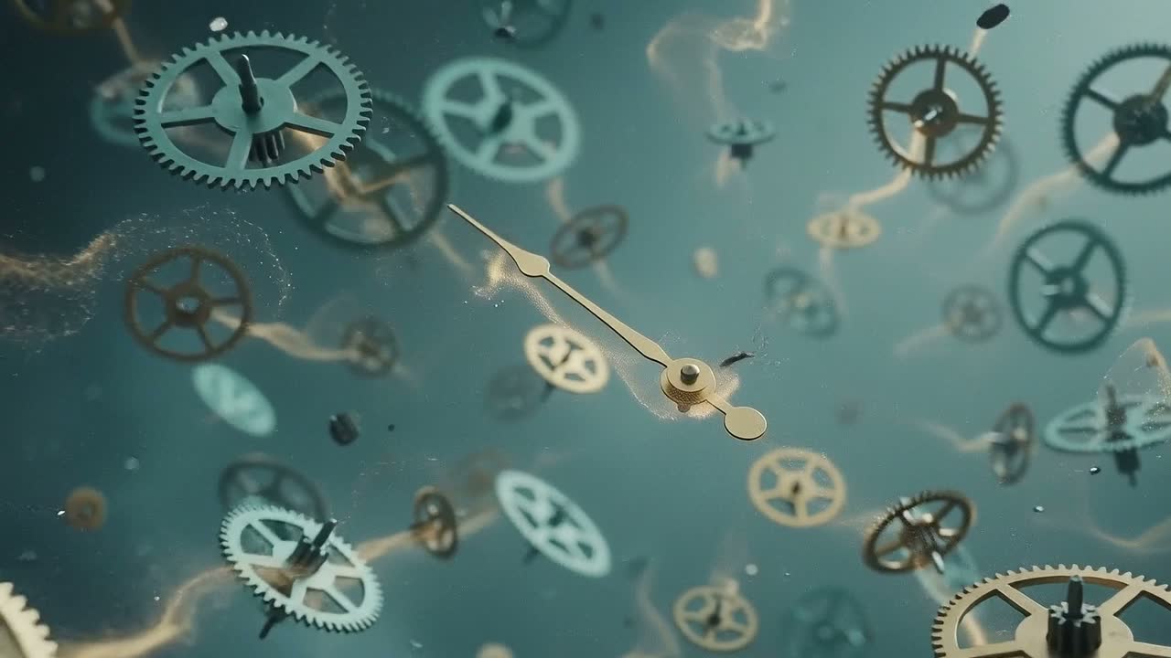Scattered clock gears and a loose hand floating apart in teal water.
