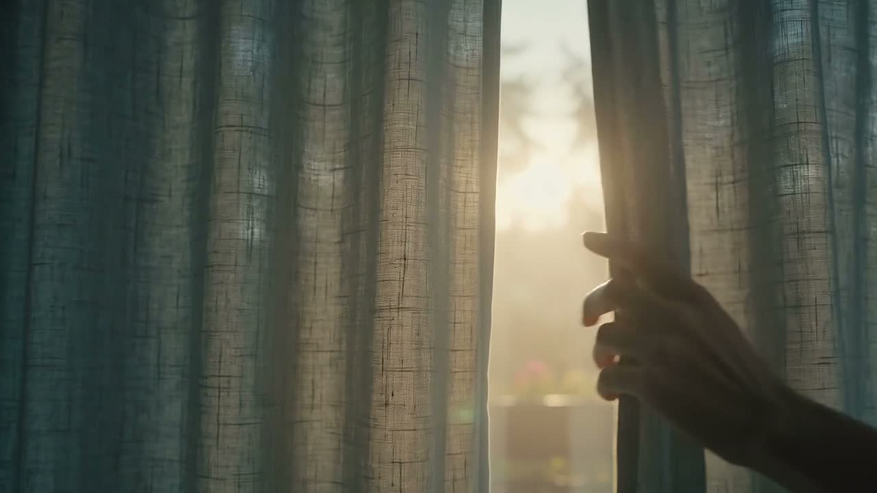 A hand drawing back a linen curtain as early sunlight pours in.