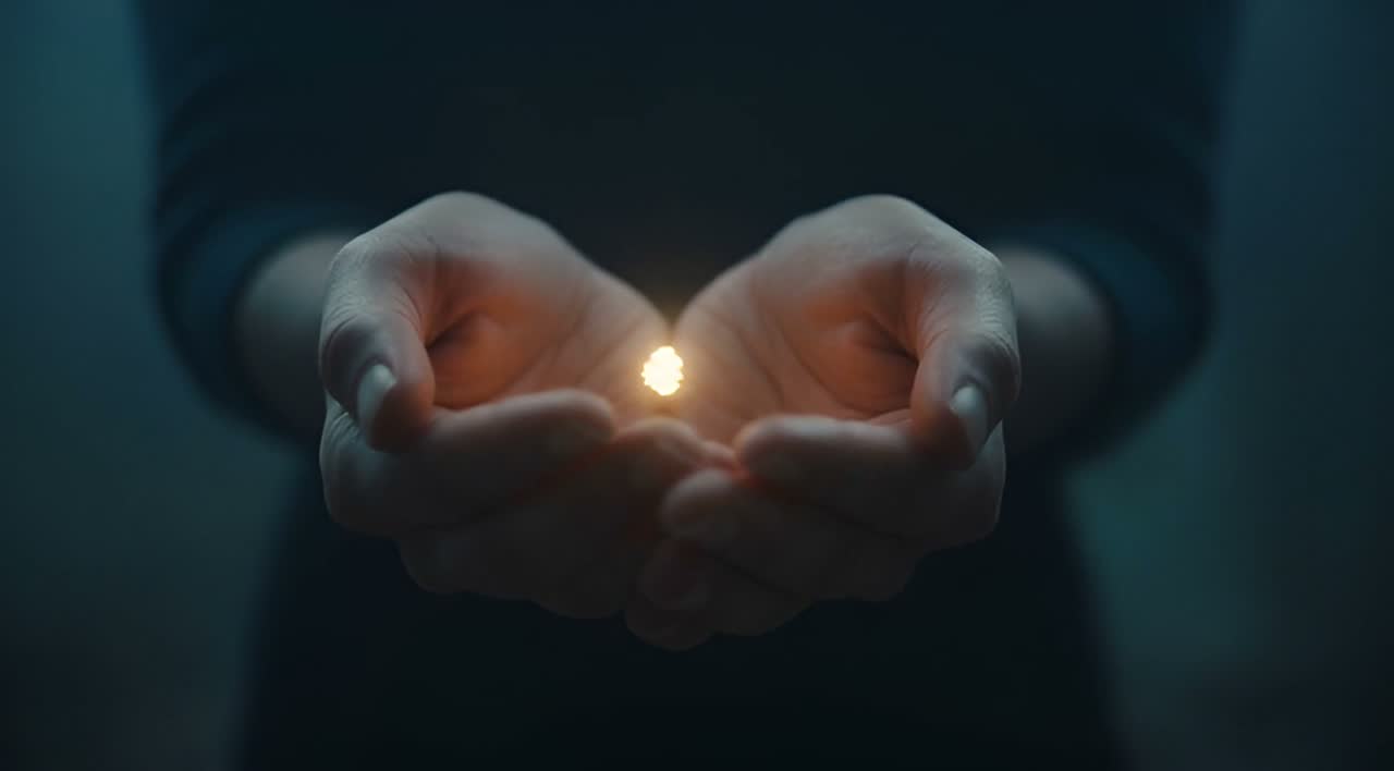 Cupped hands holding a small, glowing ember in the dark.