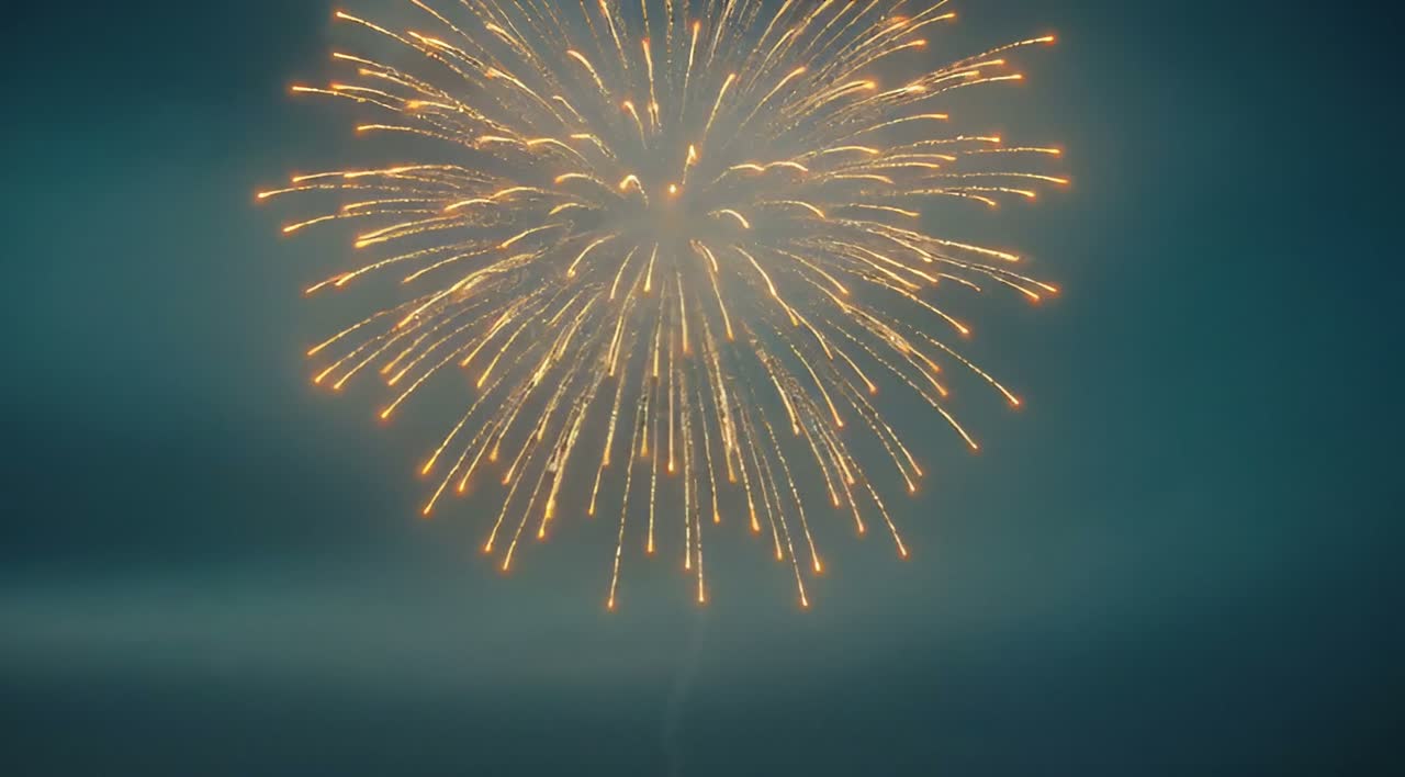 A firework bursting in a hazy blue sky, bright and brief.