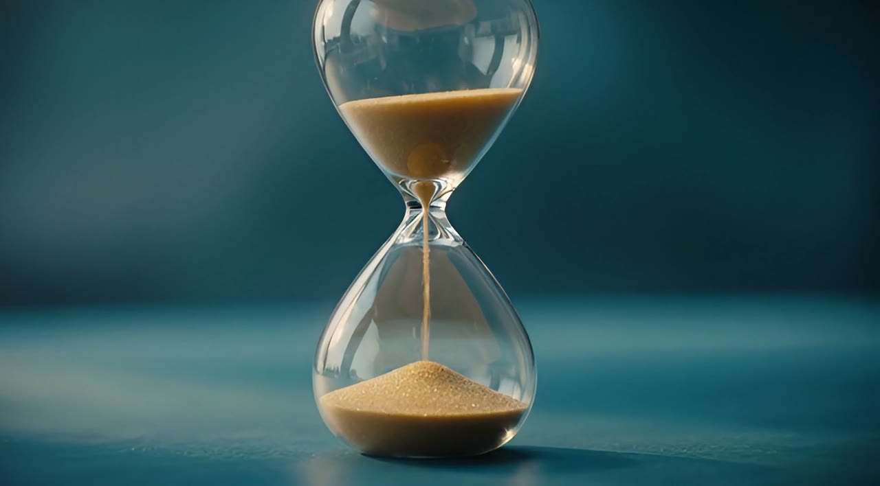 An hourglass with sand running through it, against a calm blue background.