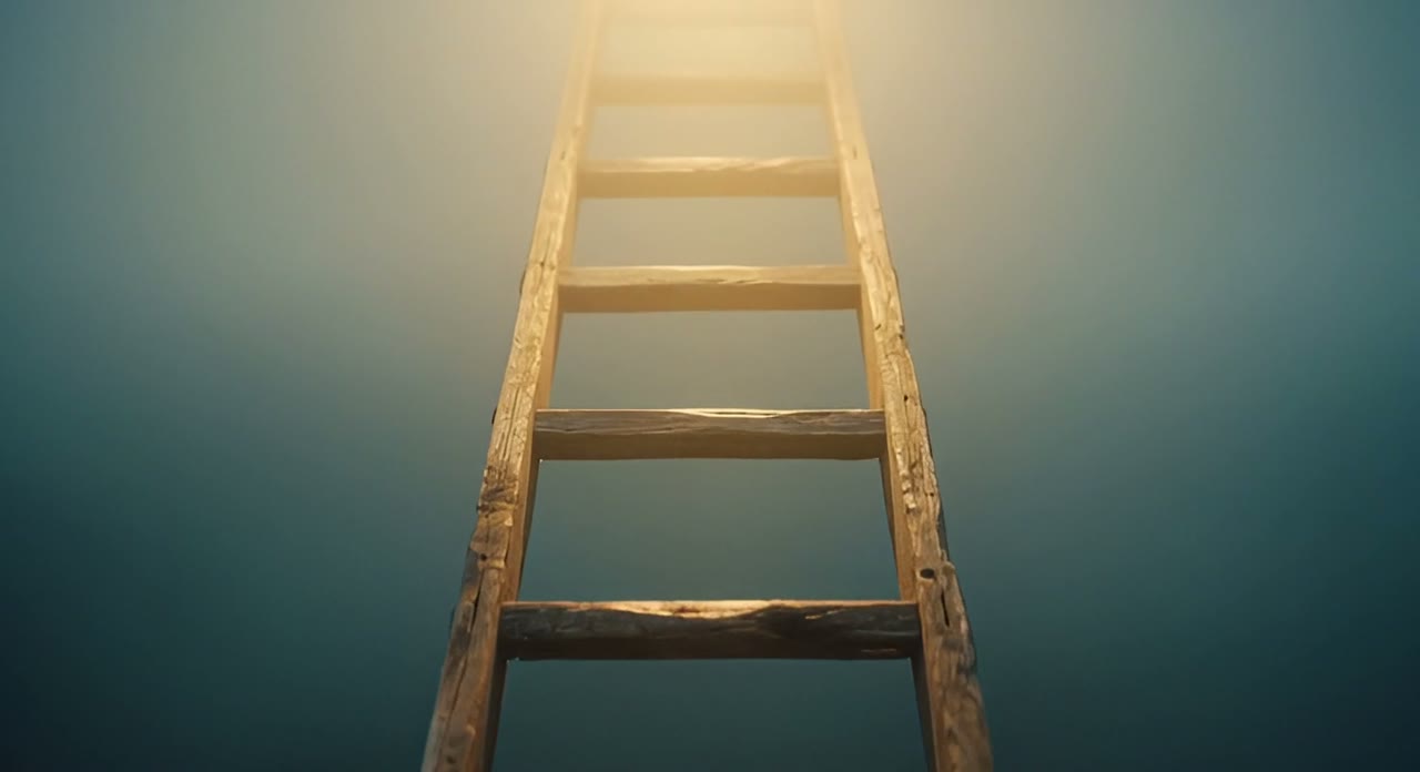 A wooden ladder rising into soft golden light.