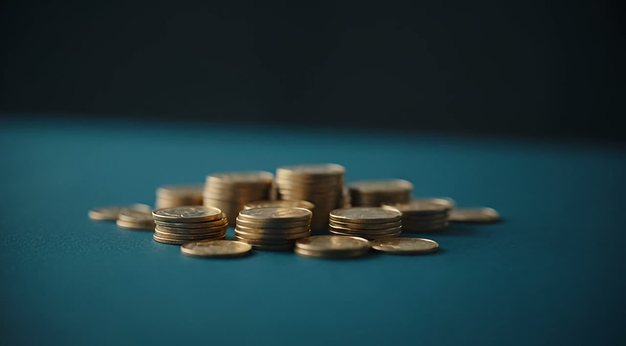 Small stacks of gold coins on a teal table.
