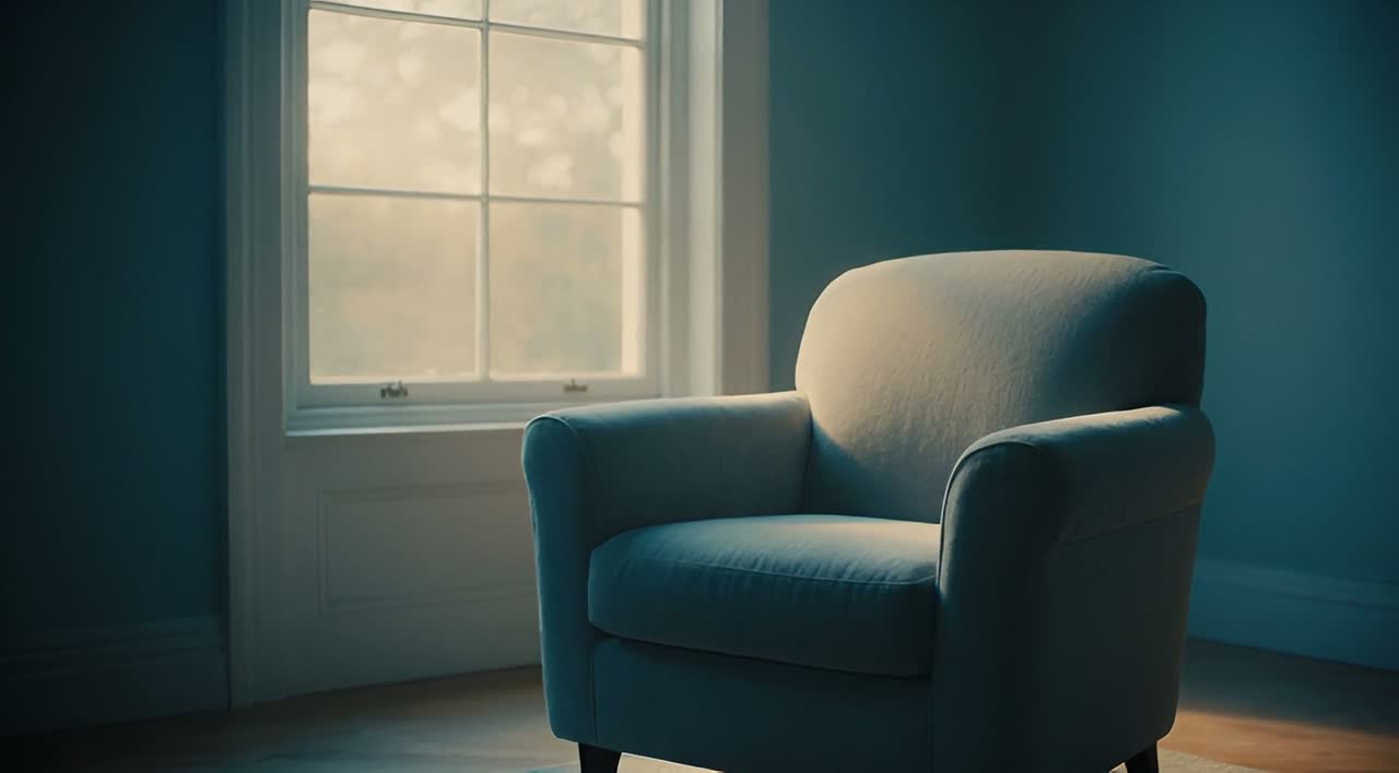 An empty armchair beside a softly lit window.
