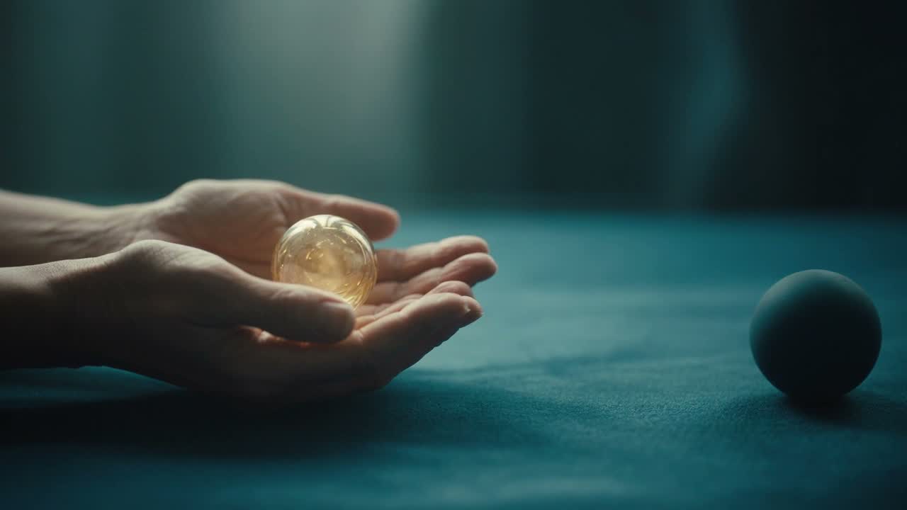 Two hands holding a glass ball, with a dark rubber ball resting nearby.