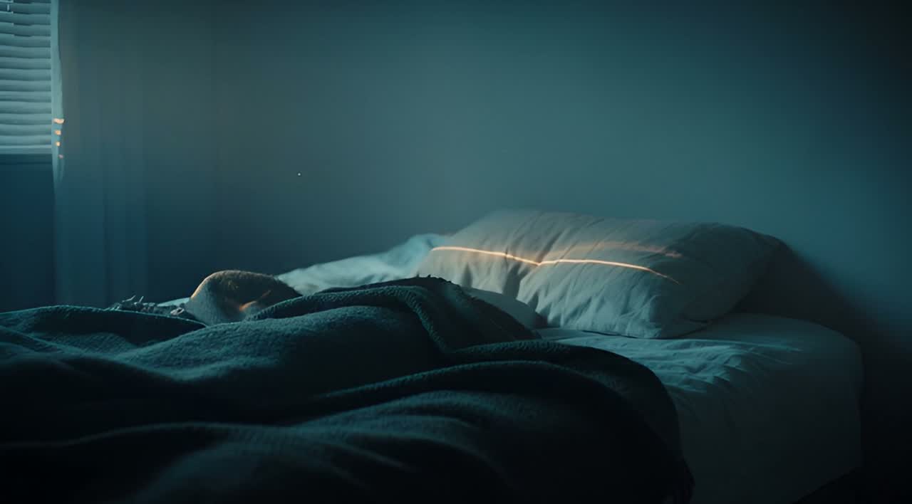 A body curled under a heavy blanket in a dim bedroom.