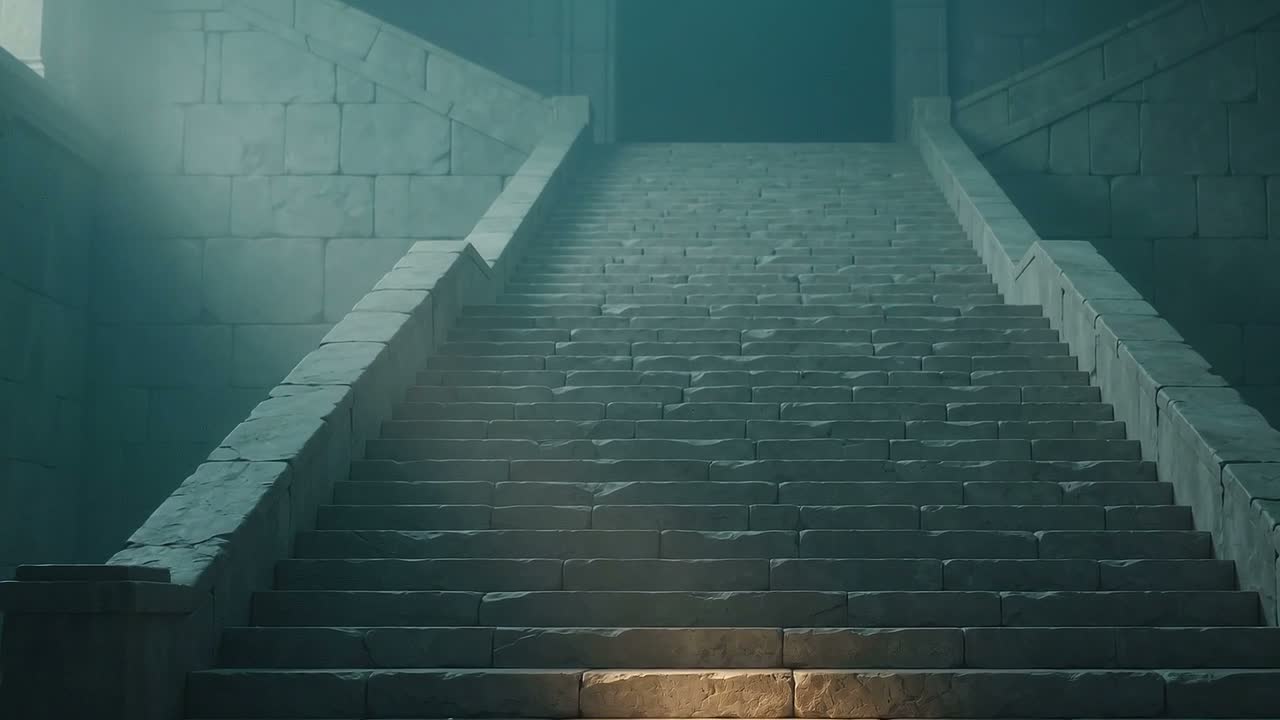 A long stone staircase in cool light, with only the first step lit.