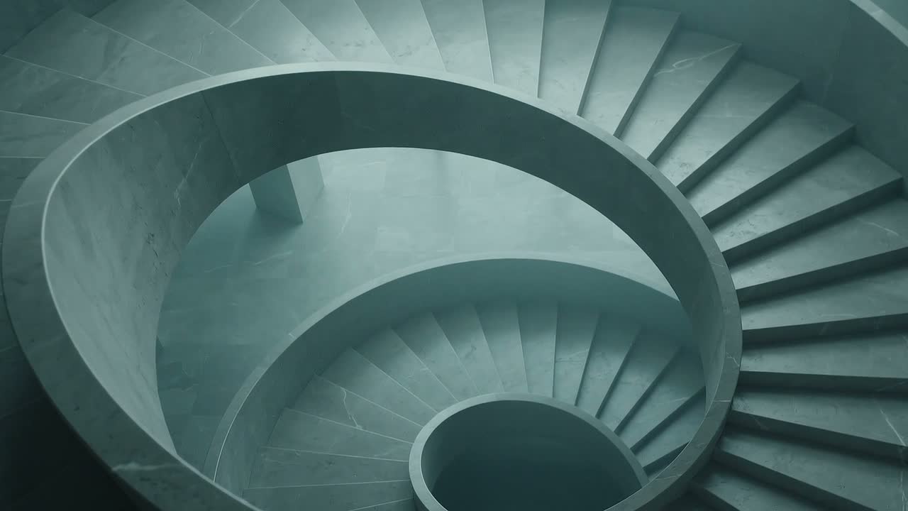 A spiral staircase seen from above, winding down into shadow.