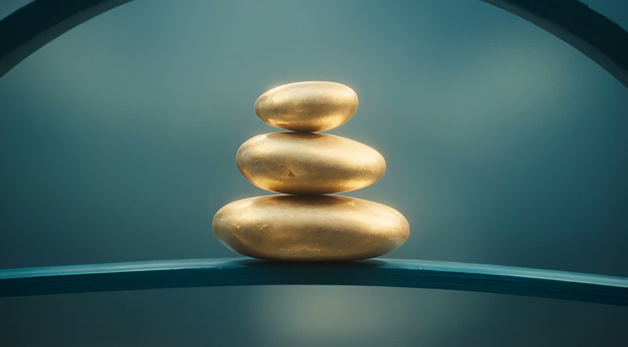 Three smooth golden stones stacked on a narrow beam.