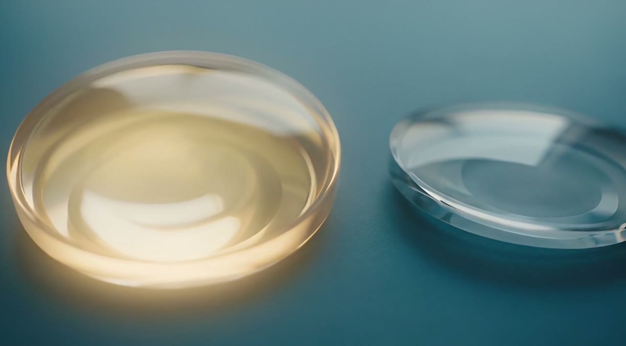Two glass lenses on a blue surface, one glowing warm gold and one clear and cool.