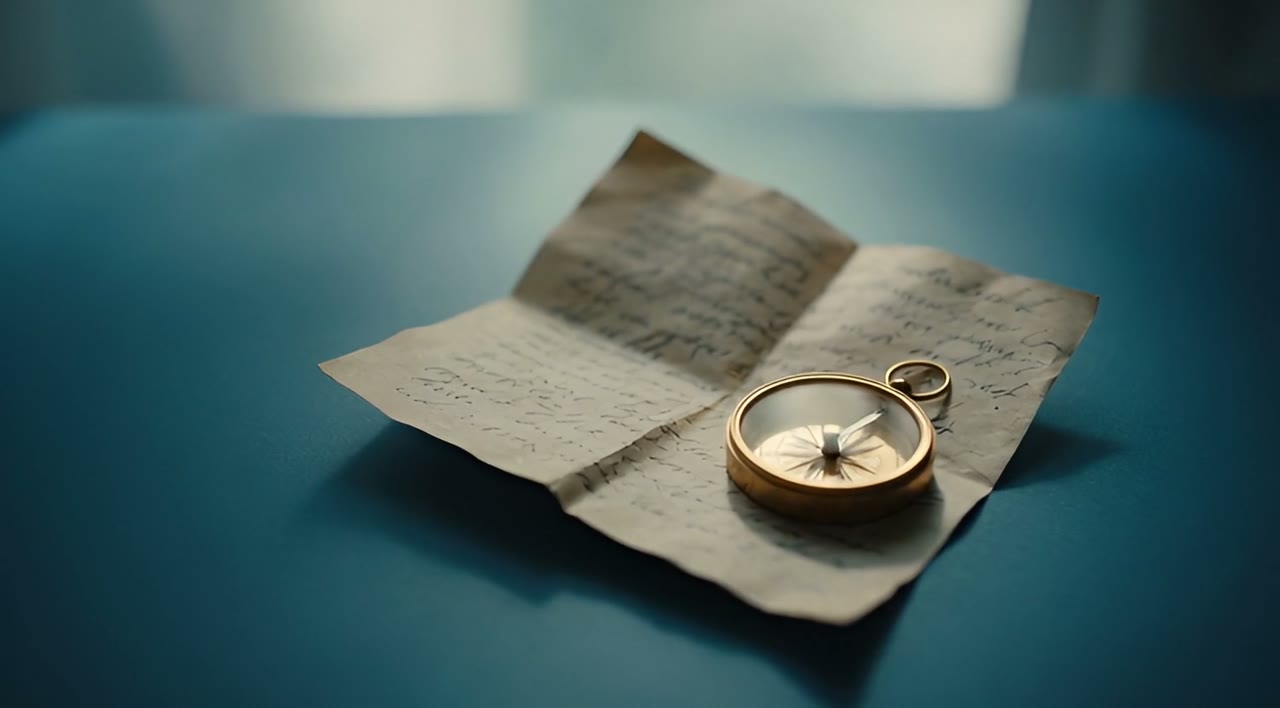 A handwritten note lying open on a table, a small brass compass resting on it.