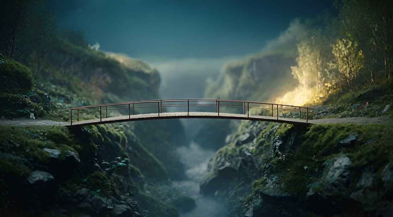 An arched footbridge crossing a misty gorge between two mossy banks.