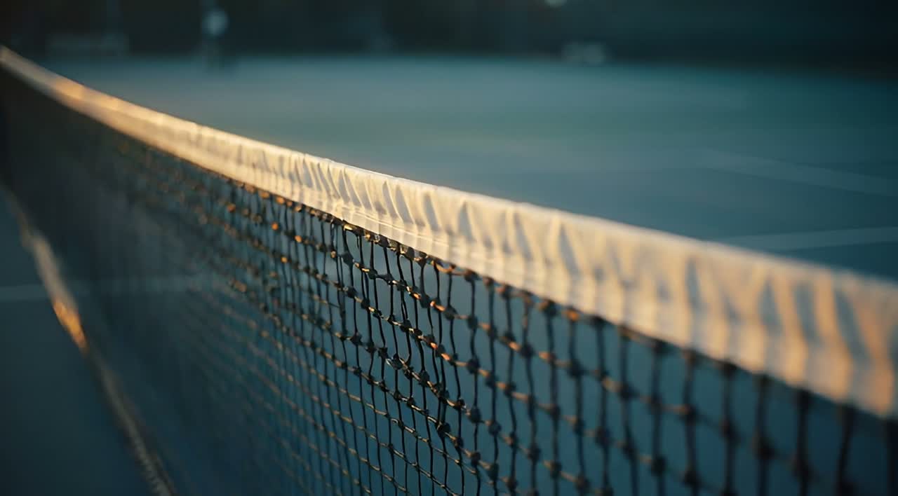 The white band of a tennis net glowing in low evening light.