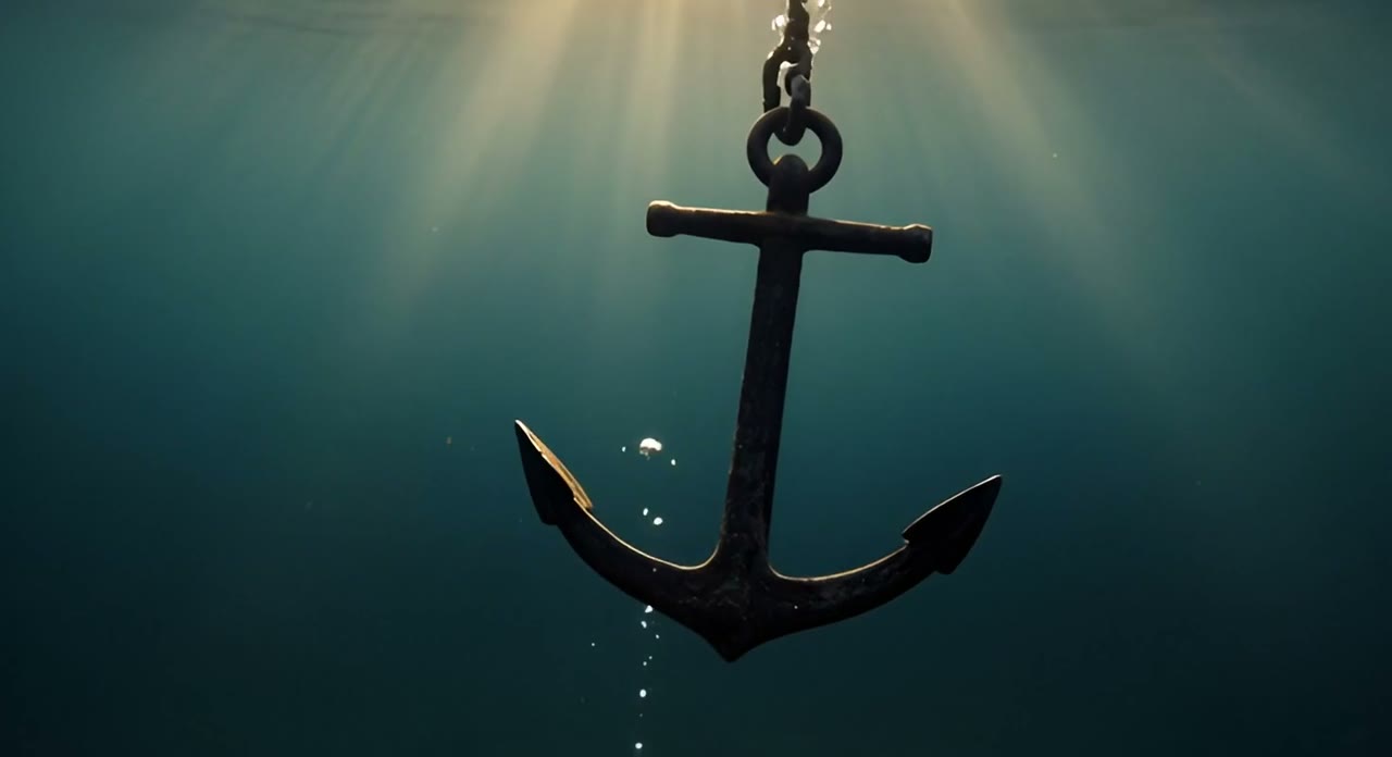 An anchor hanging still in deep, calm water, sunlight filtering down from the surface.