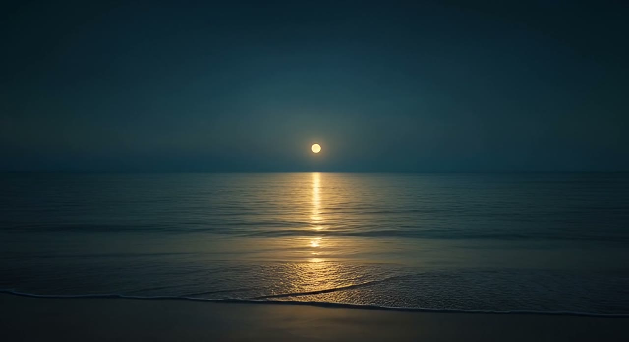 A full moon low over a calm night sea, its light drawn in a line across the water.