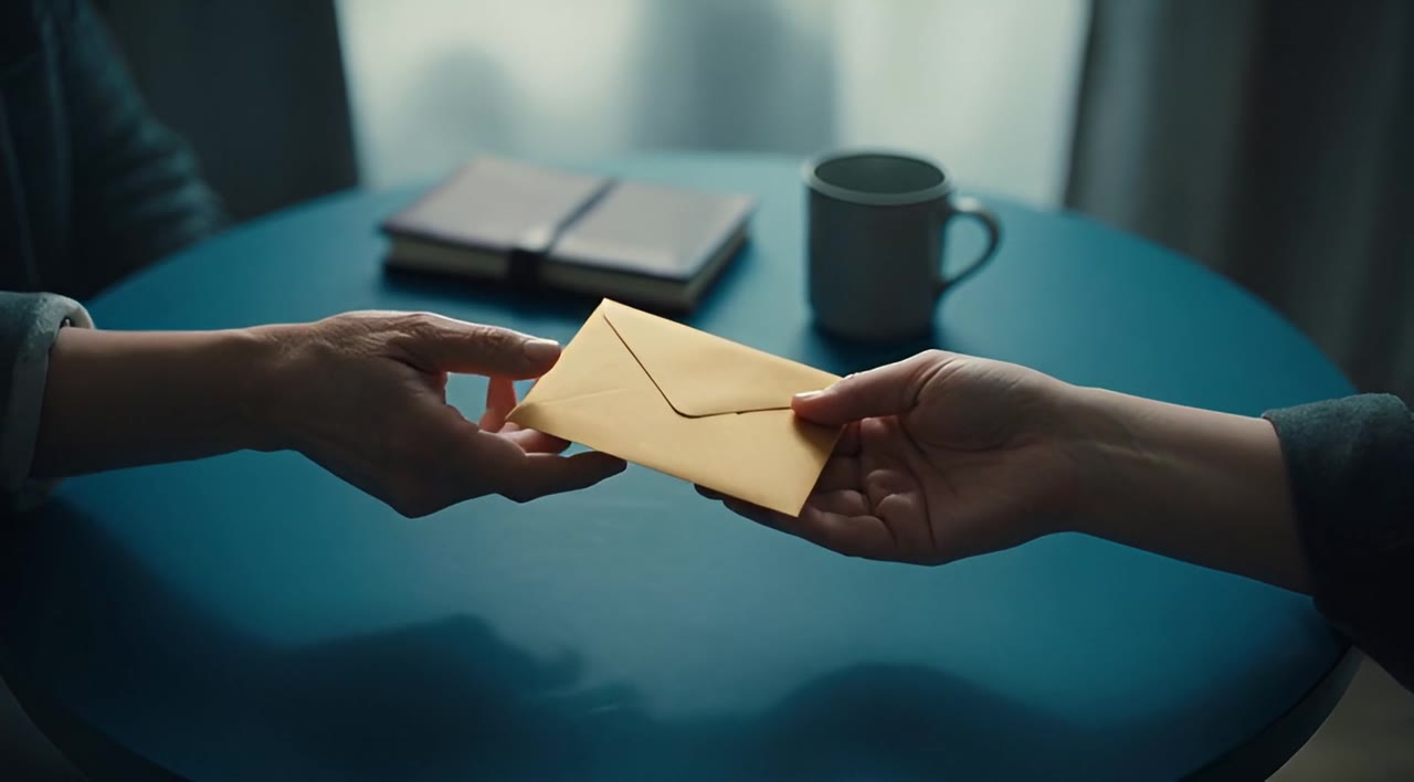 Two hands passing a cream envelope across a small table, a notebook and a mug in the background.