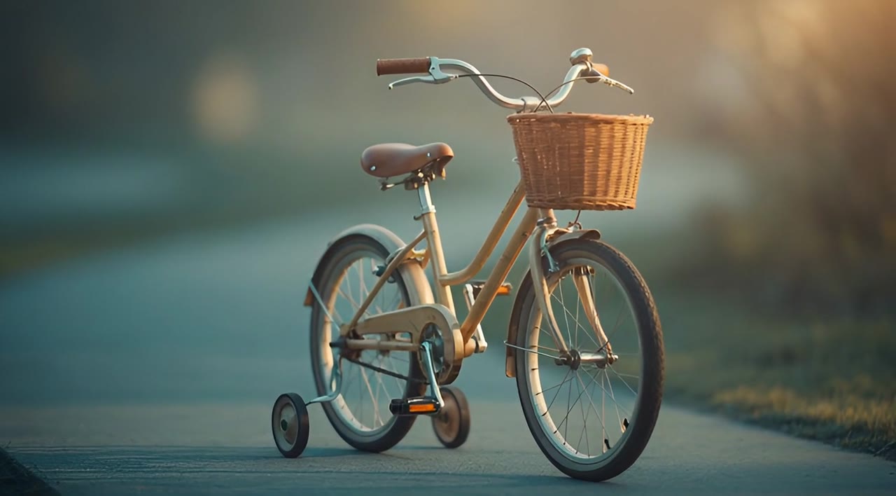 A bicycle with training wheels and a front basket, parked on a path in soft evening light.